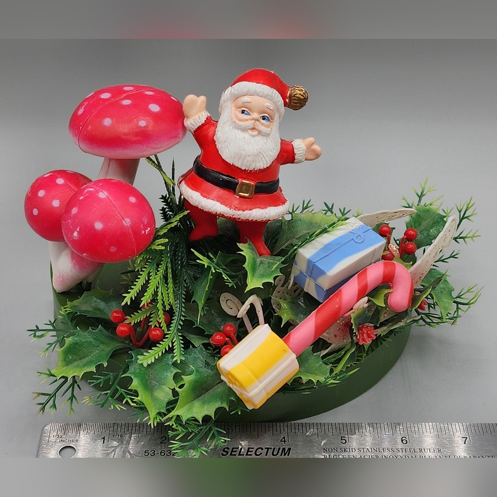 Vintage Santa with Mushroom and Sleigh Christmas Scene Plastic Tabletop Decor